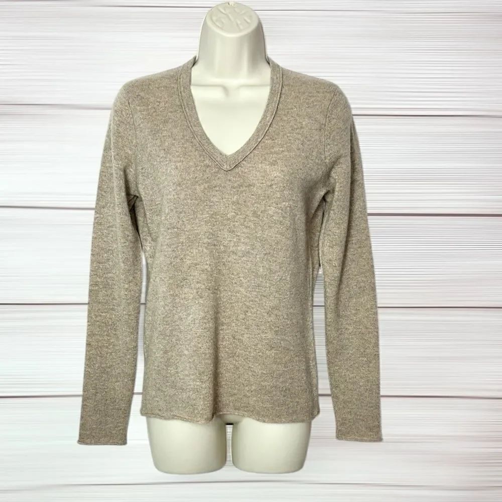 KEIRA Cashmere Sweater Tan V-Neck Pullover Lightweight Soft size S